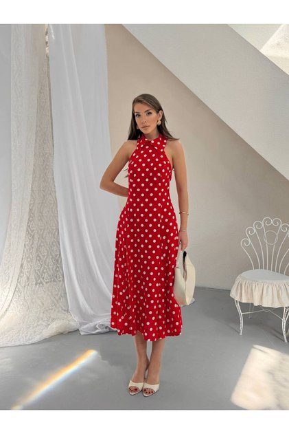 Premium polka dot halter neck midi dress - elegant and functional design