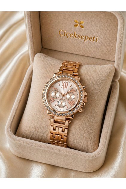 Rose Gold Çelik Kordon Taşlı Premium Model Kadın Kol Saati