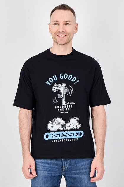 PEANUTS Men Crew Neck Short Sleeve Graphic Print T-Shirt, Black