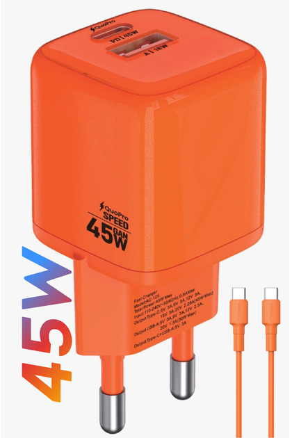 45W GAN+ Şarj Aleti Turuncu Özel Renk Type-C Kablolu Hızlı Şarj Adaptör