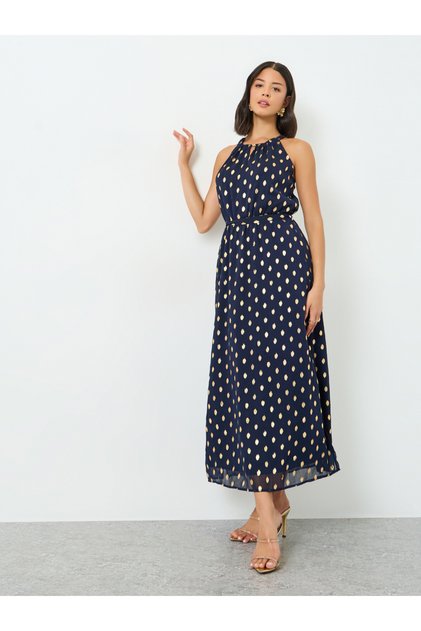 Navy Blue Foil Print Maxi Dress with Tie-Belt