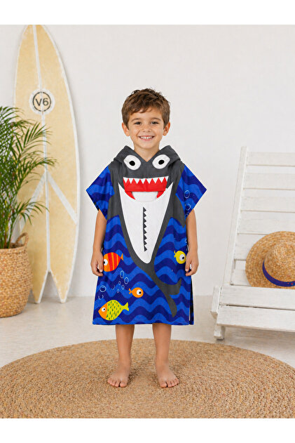 Boys' Hooded Sea Poncho Shark Patterned Beach Towel