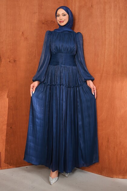 Navy Blue Gathered Waist Layered Evening Dress
