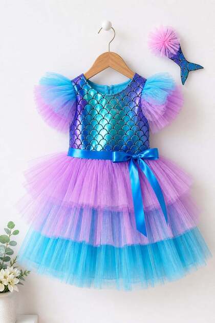 Rochie de sirenă pentru fetițe, rochie de prințesă din tul, costum strălucitor cu paiete, rochie tutu cu agrafe de păr, petrecere, Orientul Mijlociu