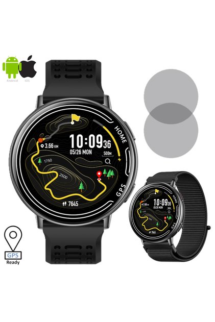 ® K100, Ecran Ultra HD, 2 bratari incluse, GPS integrat, Somn, Ritm Cardiac, Tensiune Arteriala, SpO2, Stres, Relaxare, Notificari, Apel HD, 100+ Sporturi, IP68, Bluetooth, Negru