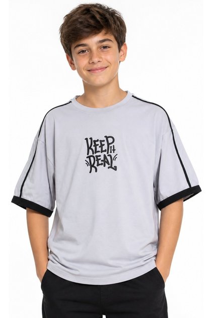 Boy's Keep Real Written Low Shoulder Model Sleeve Stripe Detailed Oversize Fit Gray Color T-Shirt
