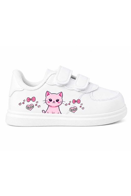 Pinky Cat Ribbon Printed White Striped Children's Sports Shoes Sneaker