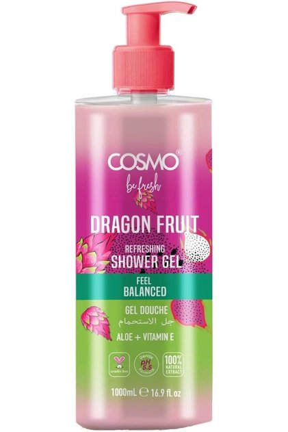 Cosmo Be Fresh Dragon Fruit Shower Gel with Aloe & Vitamin E 1000ml, Tropical Hydrating Body Wash, Fruity Fragrance Cleanser for Soft, Feel Balanced & Refreshed Skin, Daily Use for Men & Women