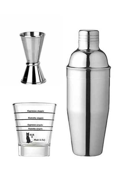 Cocktail Set of 3 |   Stainless Steel 350 ml Shaker |   15/30 ml Steel Jigger |   Glass Measuring Cup