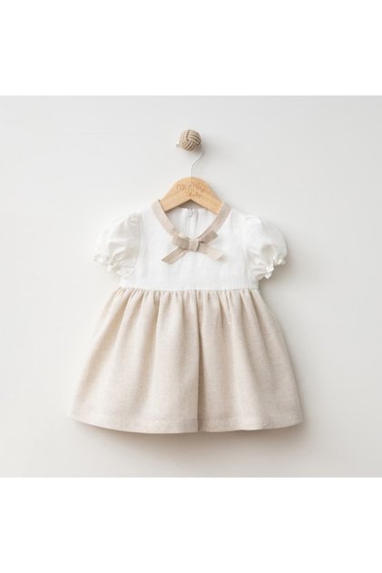 Ecru Baby Girl Dress with Collar Bow Detail