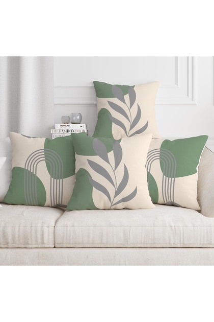 Bohemian Boho Themed Green Gray and Cream Color Digital Printed Gift Set of 4 Throw Pillow Covers