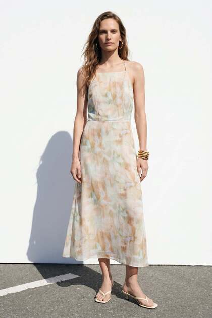 Floral Patterned Strappy Long Dress - Beige
