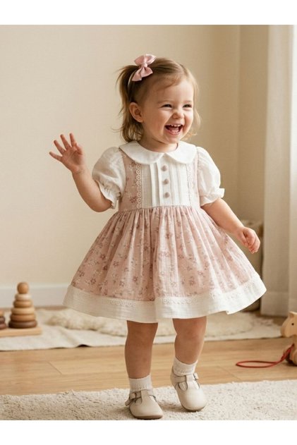 Baby Girl Dress with Bebe Collar and Scallop Decoration in Cotton