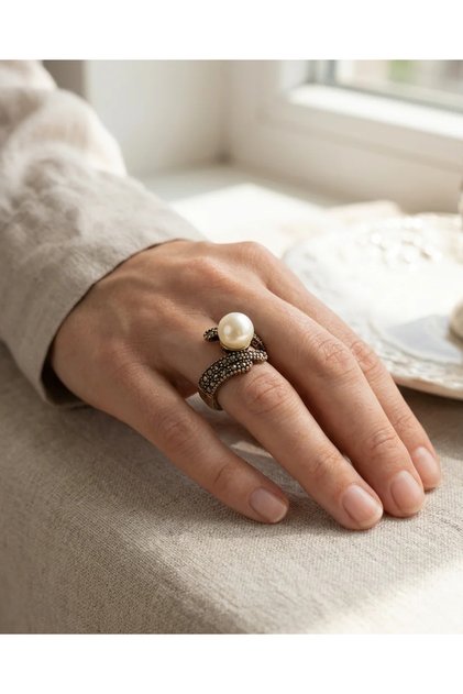 Bronze Vintage Women's Ring Authentic Margazite Worked Pearl Stripe Model Adjustable
