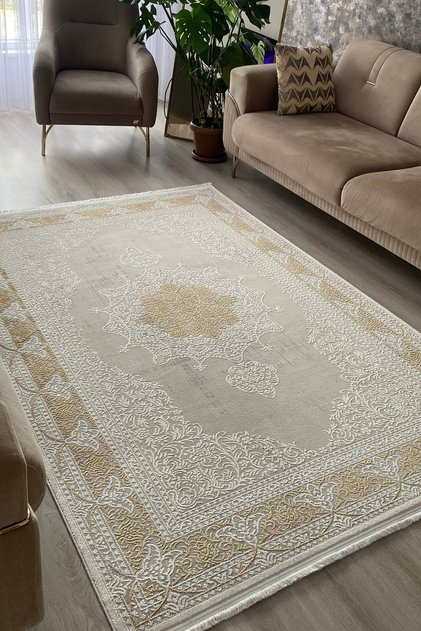 ELEGANCE, EMSALİ İPEKSİ YÜN TUŞELİ HARDAL TRİKO AKRİLİK OTURMA ODASI VE SALON HALISI