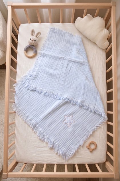 Star Appliqued 100% Cotton 4 Layer Muslin Baby Blanket 90X110 cm