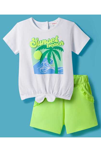 Single Jersey Knit Short Sleeves Top & Shorts Set with Beach Theme Graphic - Limegreen/White