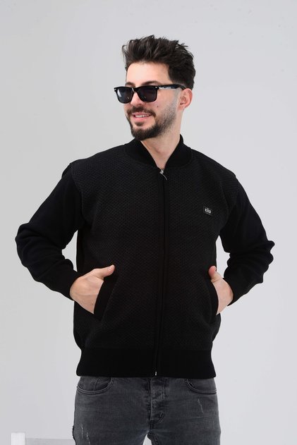 Black Men's Dad and Middle-Aged Knitwear Steel Knit Diamond Pattern Lined Acrylic Zipper Pocket Dad Cardigan