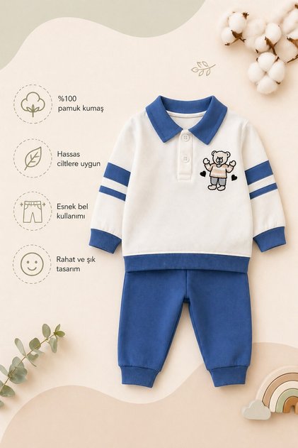 Baby Boy Set with Teddy Bear Embroidery and Collar, 2-Piece Seasonal Top and Bottom Baby Set