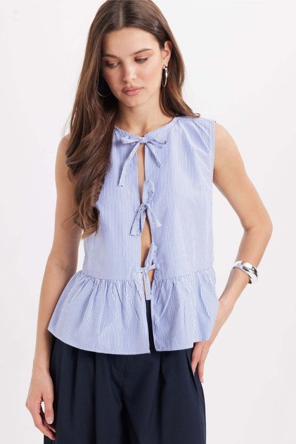 Women's Slim Fit Slim-Fit Front Tie Cotton Striped Blue Blouse Shirt