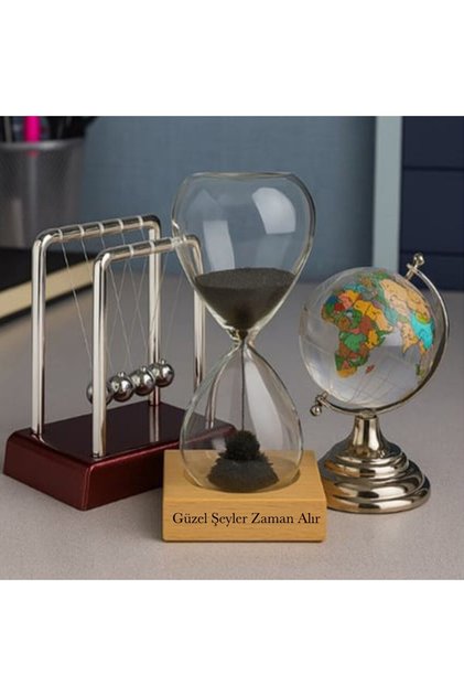 Masaüstü Dekoratif Kum Saati Dünya Küresi ve Newton Denge Topları Ofis Seti