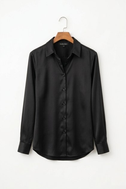Women's Black Satin Shirt Long Sleeve Stylish Classic Office Casual Shiny Fabric Button up Blouse