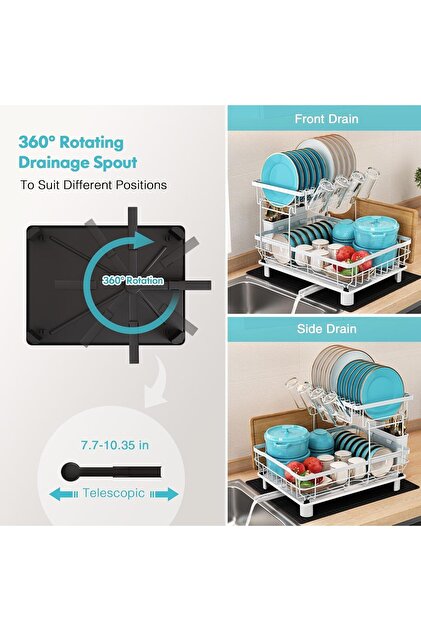 Dish Drainer Rack, 2 Tier Dish Drainer with Drip Tray and Drainer Mat, Stainless Steel Dish Rack (White ) size 33*43*33cm
