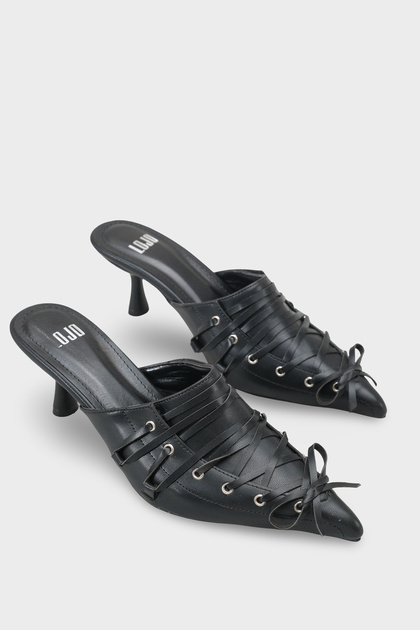 Women's Pointed Toe Lace Detailed Short Heeled Slippers Zerris Black