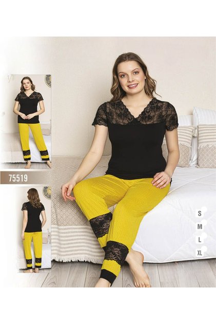 Women's Two Piece Pajama Set - Black Lace Transparent Top and Yellow Patterned Pants