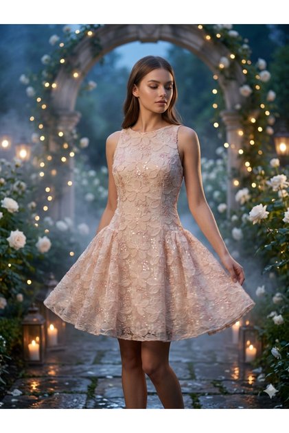 ROCHIE DE DAMĂ CU MODEL FLORAL ȘI ȘNUR SILVERY - MODEL PRINȚESĂ