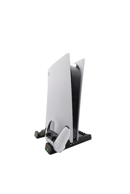 Suport consolă PS5 cu răcire integrată, comutator tactil, încărcare duală pentru controlere, 3 porturi USB, spațiu de stocare pentru 12 discuri, negru