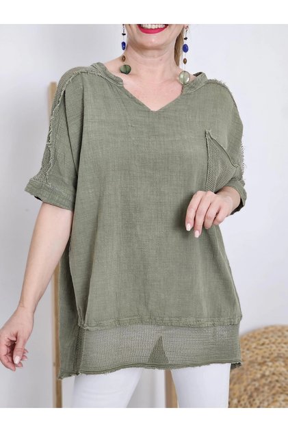 Women's Khaki Mesh Detailed Cotton Linen Blouse Bohemian Loose Tunic