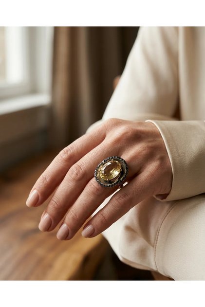 Bronze Women Ring Authentic Copper Jewelry Yellow Crystal Stone Oval Wave Adjustable Vintage