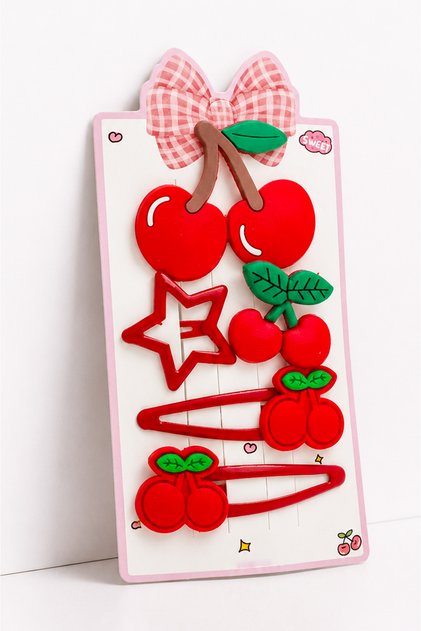 Girl's Cherry and Strawberry Shaped Hair Clip Set – Snap Clip and Shaped Hair Clip Set