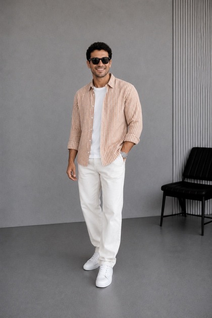 Men's Regular Summer Striped Shirt & Regular Linen Trousers 2-Piece Set