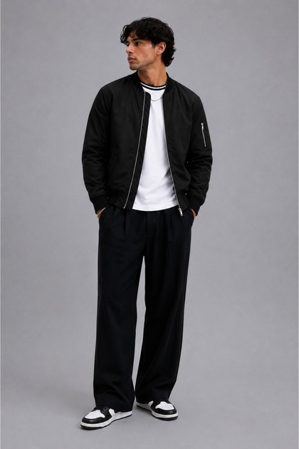 Men's Black Oversize Bomber Jacket with Zipper Detail, College Collar, Seasonal Coat