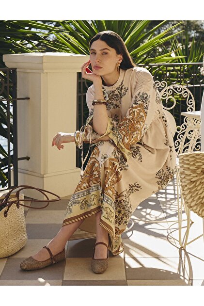 Patterned Viscose Dress Cream