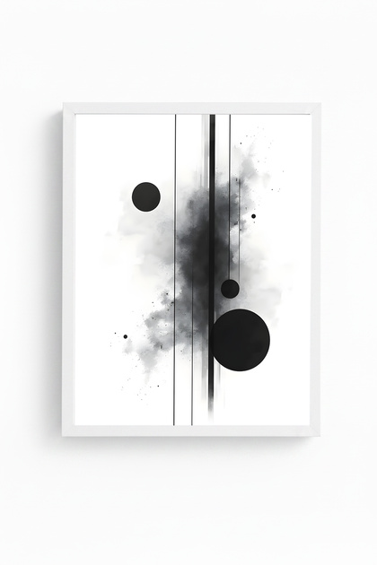 White Wooden Framed Abstract Black and White Patterned Painting - Minimal | Huhu1218 - Single Table White Frame