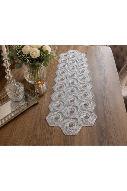 Silver Glitter Lace Runner/Table-Console Cover 35X105 cm