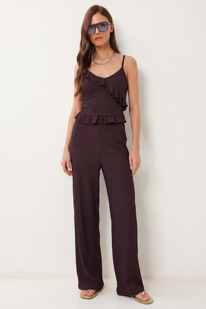 Flounced Blouse Pants Crinkle Set Lfw0025 Mürdüm