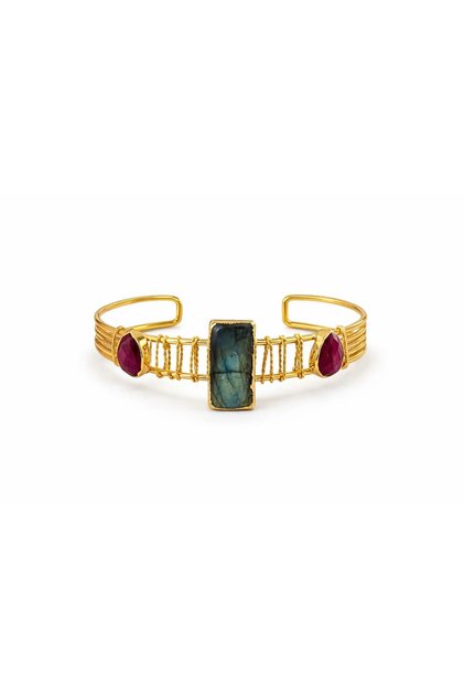 Filigree Aura Labradorite and Root Ruby Clamp Bracelet