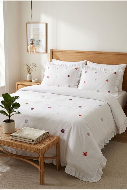 3D Colorful Daisy Embroidered Ruffle 100% Cotton 6 Piece Duvet Cover Set