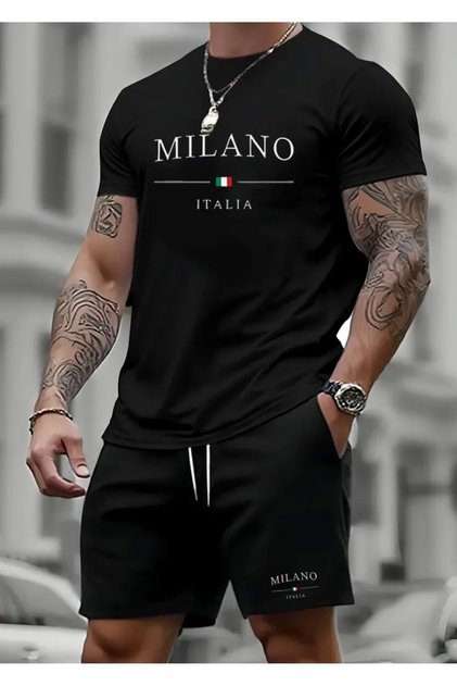 New Season Milano Printed 100% Cotton Plus Size Men's T-Shirt Shorts Set