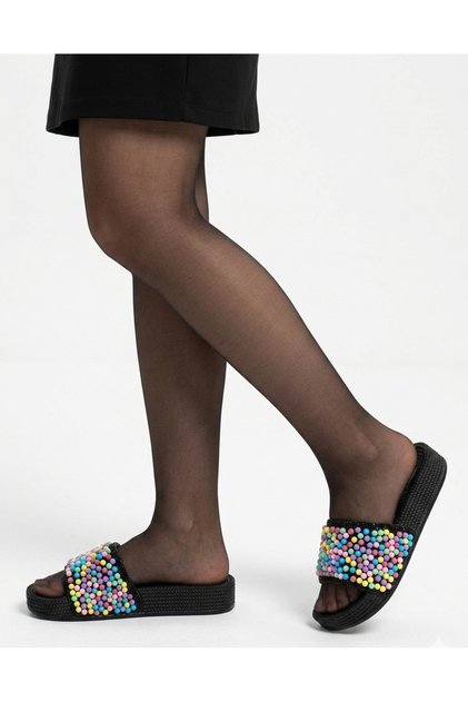 80 Women's Colorful Beaded Black Summer Slippers