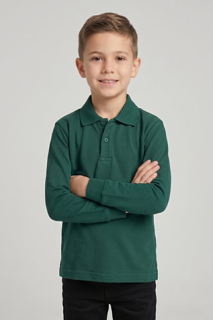 Unisex Çocuk Nefti Yeşil Lakost Polo Yaka Uzun Kollu Okul Tişörtü