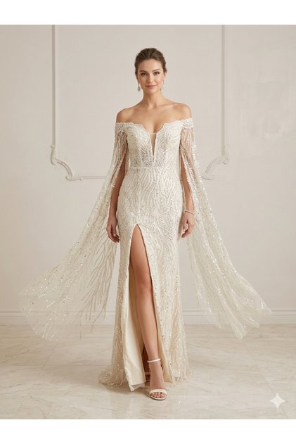 Elegant Long Sleeve Evening Dress with Sequins and Pearl Embellishments