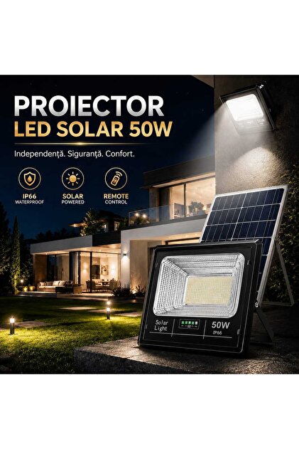 Proiector Solar LED cu Panou Solar și Telecomandă, Jortan, IP66, Autonomie 12h, 50W