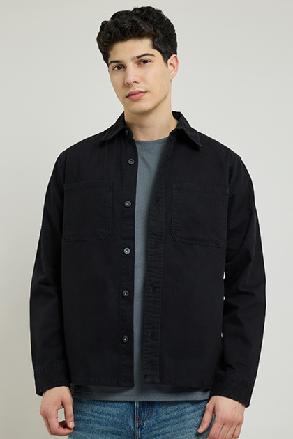 Solid Denim Shirt with Classic Collar and Long Sleeves
