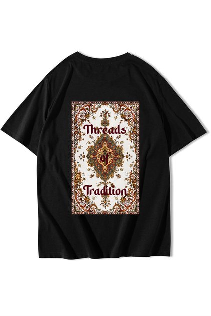Unisex Oversize Threads of Tradition Vintage Carpet Motif T-Shirt (Black)
