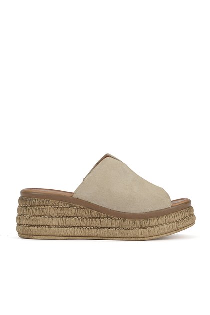, Women's Genuine Leather Wedge Heel Slippers 161992Z1601 Light Beige